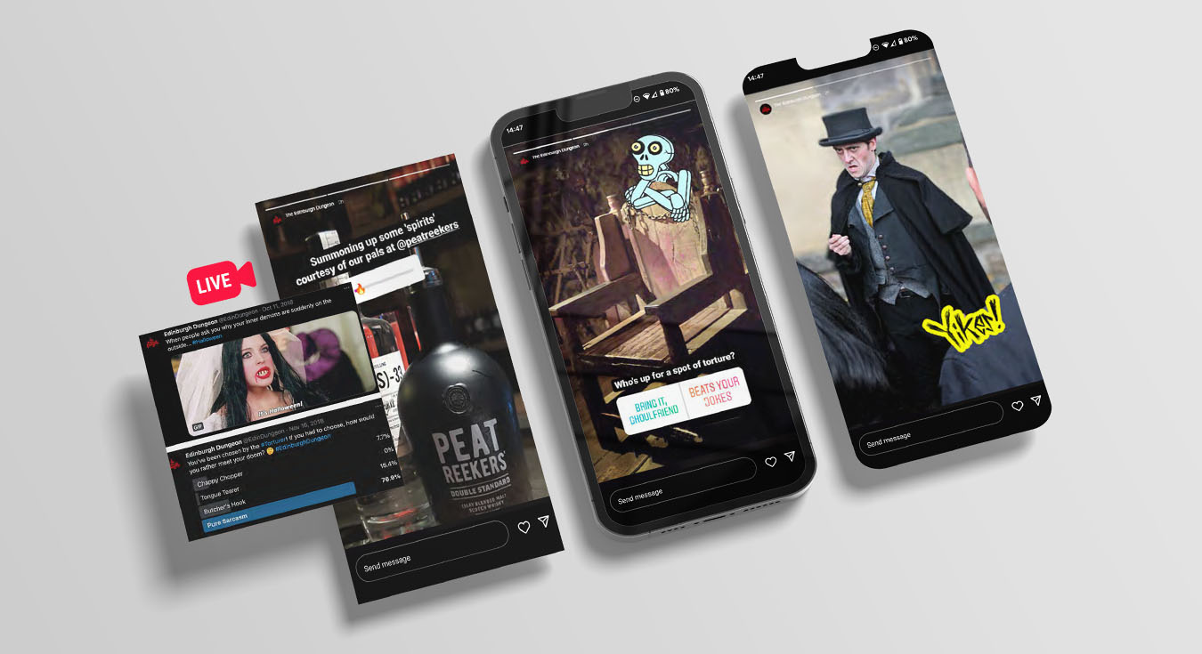 A series of social media mockups, showing live social content and community management for the Edinburgh Dungeon.