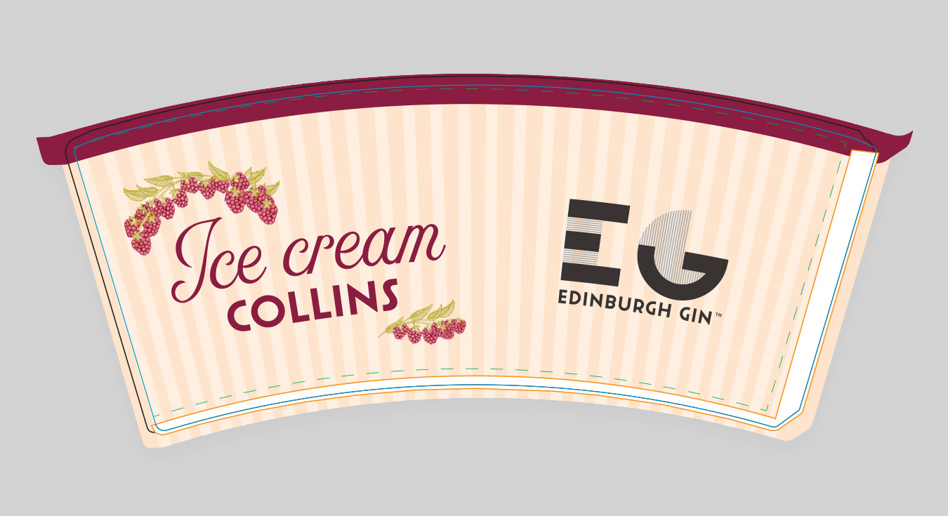 Key artwork of a branded paper cup, saying ice cream collins with the Edinburgh Gin logo.