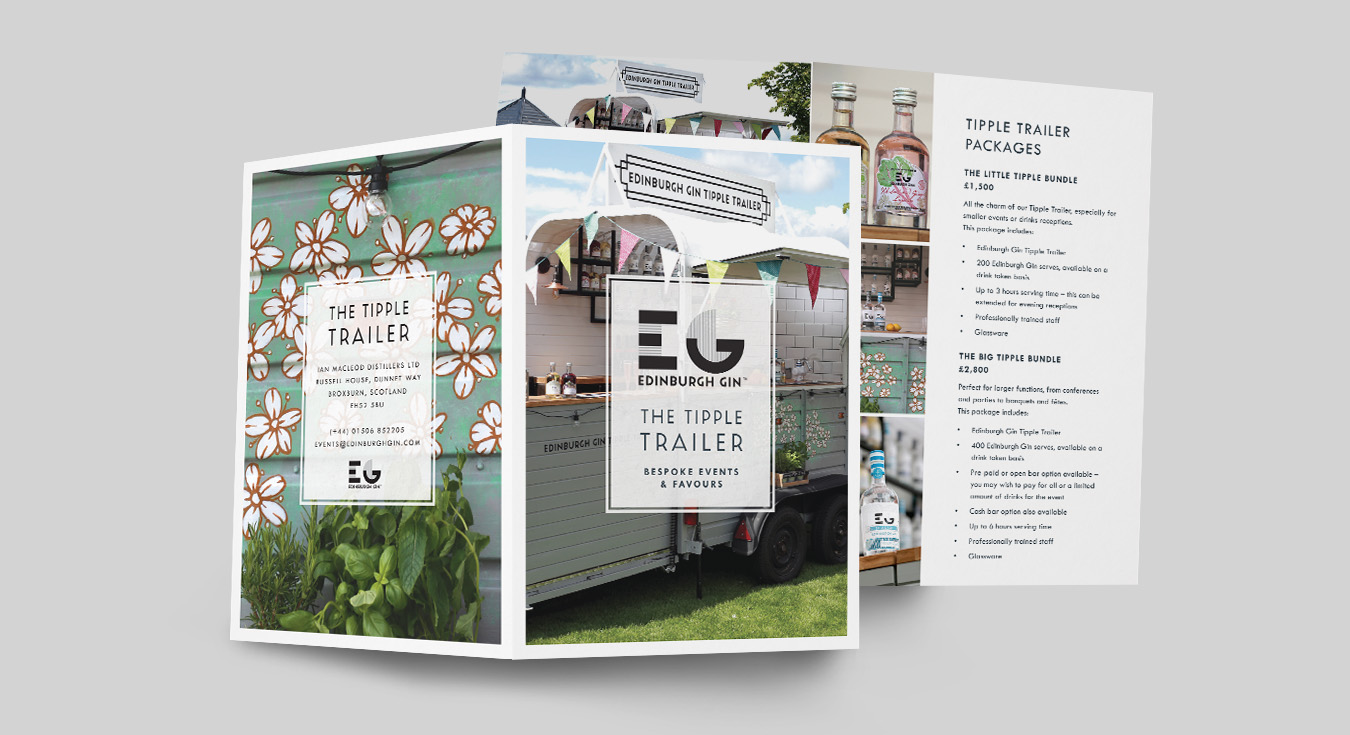 A flat lay of an Edinburgh Gin summer events brochure, showing a trailer and gin liqueurs.