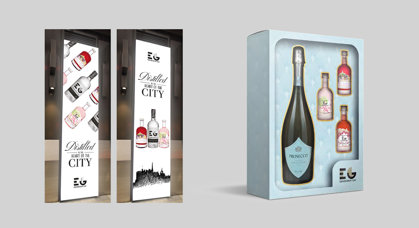 Two variations of Edinburgh Gin display screens at World Duty Free, plus a render of a John Lewis prototype packaging project.