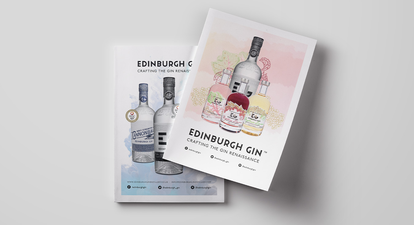 A top-down image of two Edinburgh Gin posters, showcasing the London Dry and Gin Liqueur bottles.