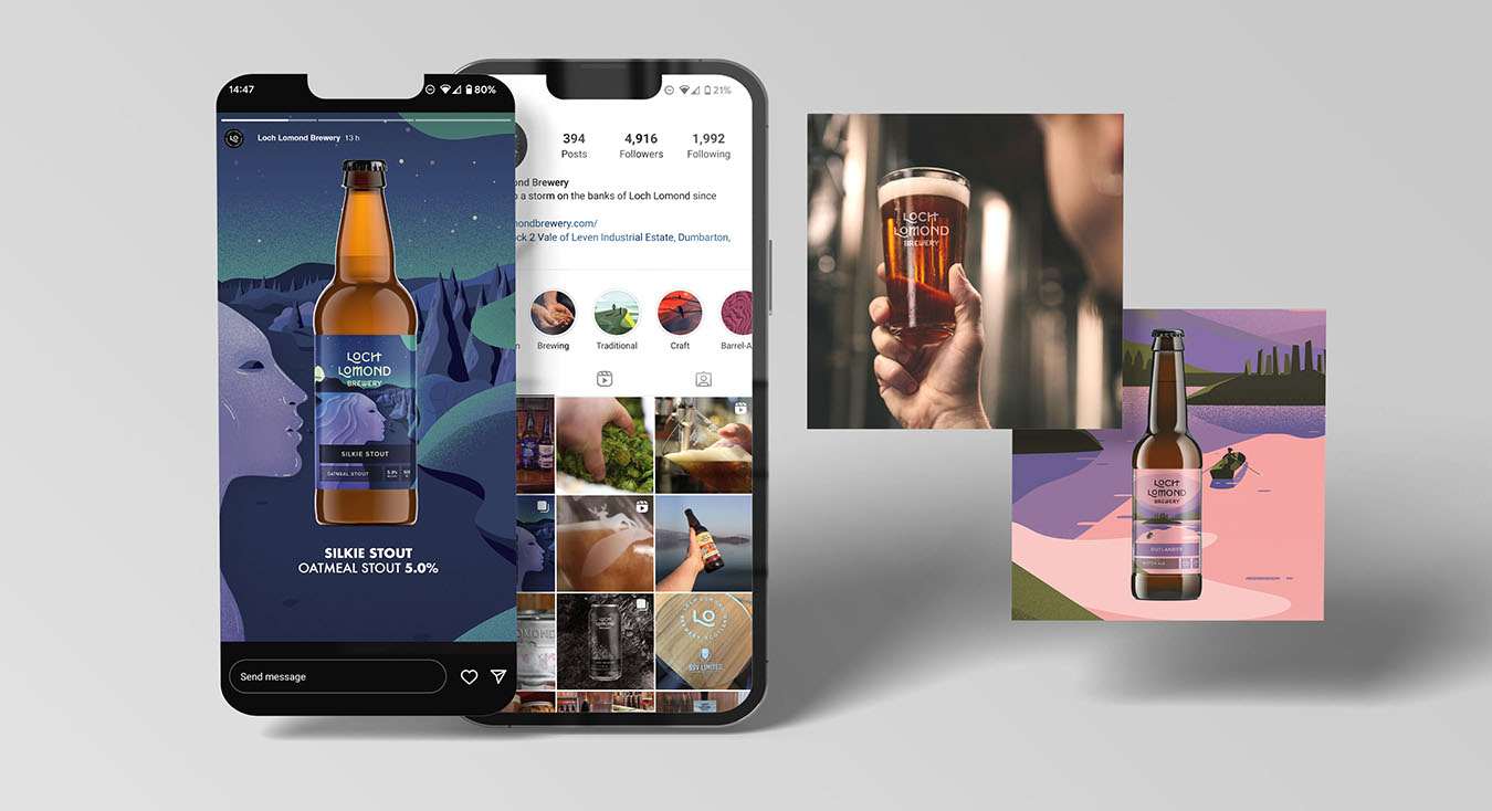 Mobile mock ups, showing various graphic designs for social media.