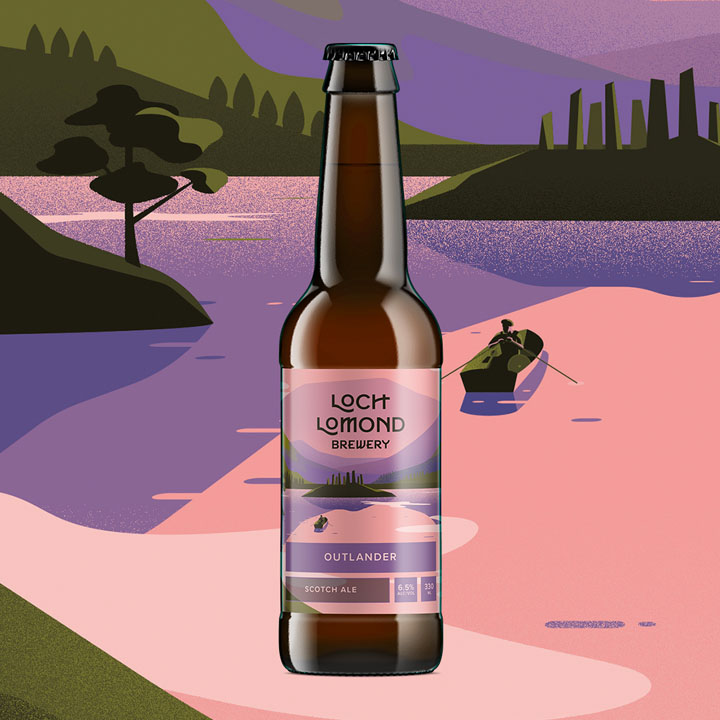 A product shot of Loch Lomond Brewery's Outlander, against a high-impact graphic sampling the packaging artwork.