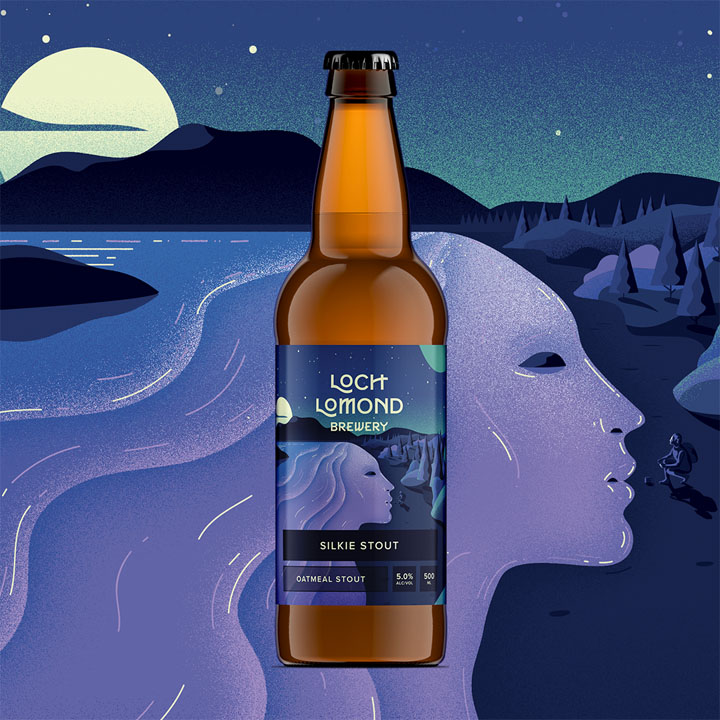 A product shot of Loch Lomond Brewery's Silky Stout, against a high-impact graphic sampling the packaging artwork.
