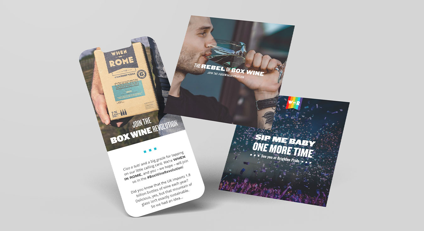Social media mockups, including a Meta Instant Experience and two posts. On-graphic text includes: Join the Box Wine Revolution, the rebel of box wine, and sip me baby one more time.